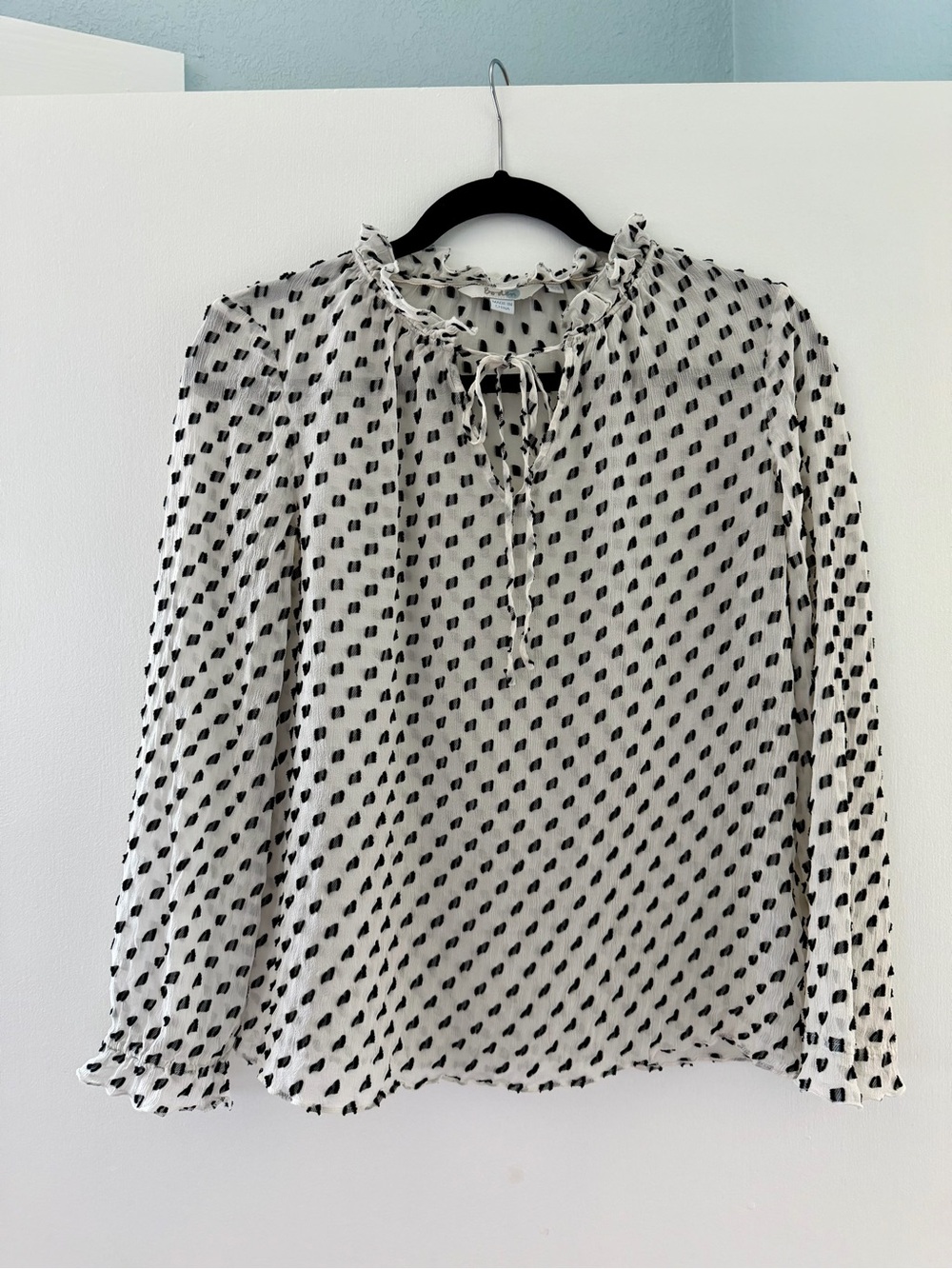 Boden Sheer Swiss Dot Ruffle Tie-Neck Blouse Cream Black US 6